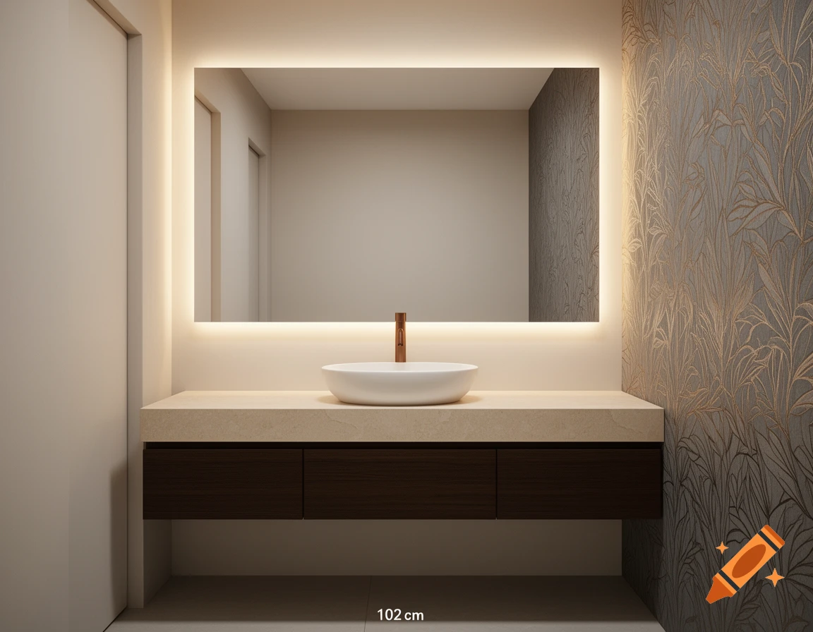 Modern bathroom with dark wood vanity, beige marble counter, white sink, bronze faucet, and backlit mirror. Textured wallpaper on the right.