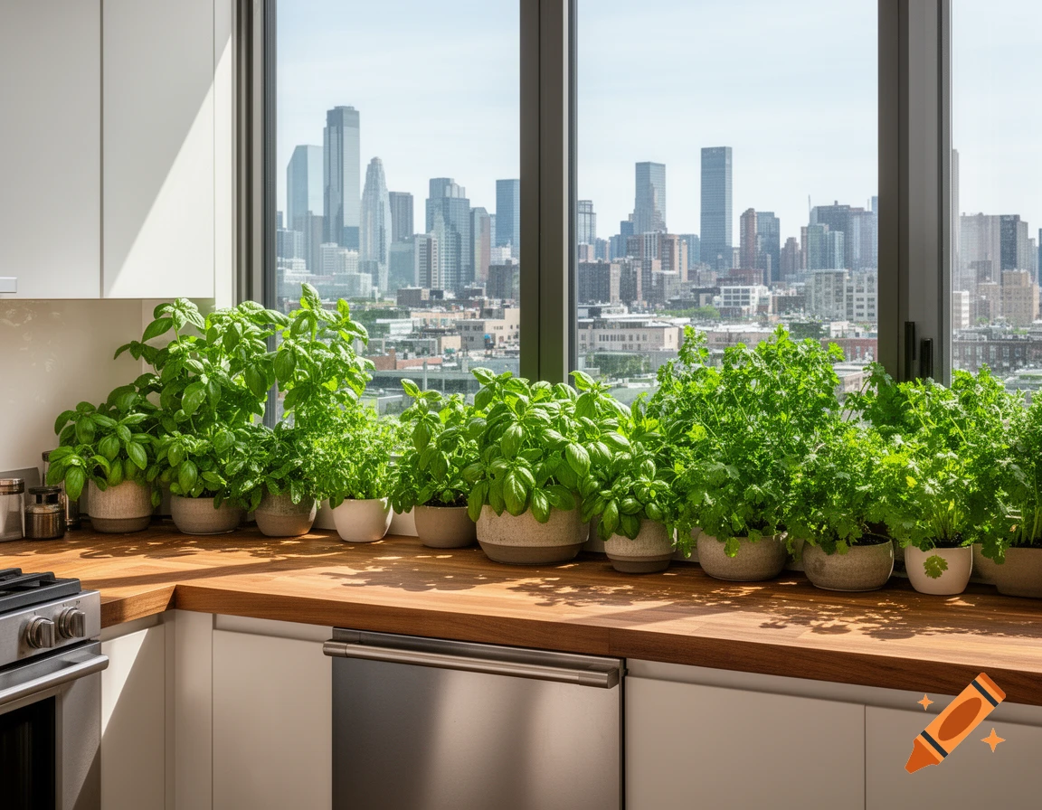 Potted fresh herbs on a modern kitchen counter with a window overlooking a city skyline, photorealistic.