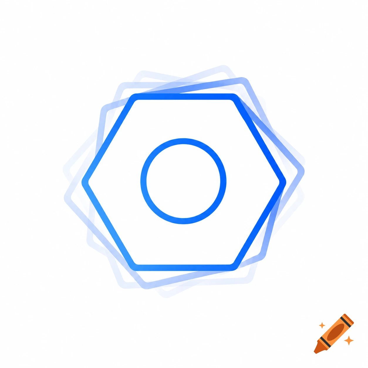 Minimalist blue hexagonal outline icon with overlapping faint hexagons and a central circle, suggesting rotation on a white background.
