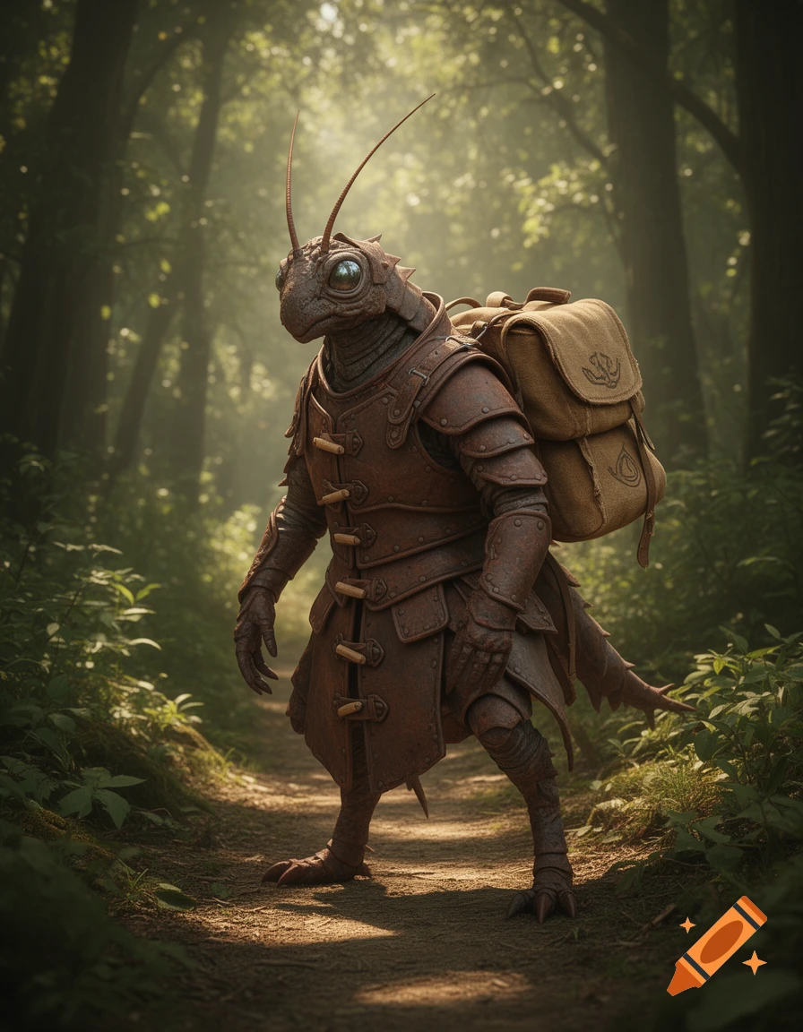 A photorealistic rust monster in rusted leather barding and a canvas backpack stands on a sun-dappled forest path.