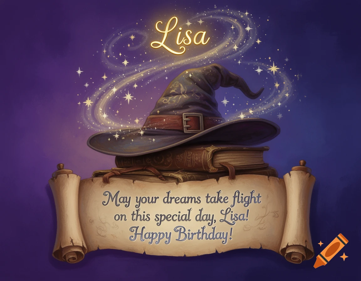 A whimsical birthday card featuring a wizard hat atop a stack of old books, surrounded by glowing stars and magical swirls. A scroll in front reads "May your dreams take flight on this special day, Lisa! Happy Birthday!" and "Lisa" glows above.