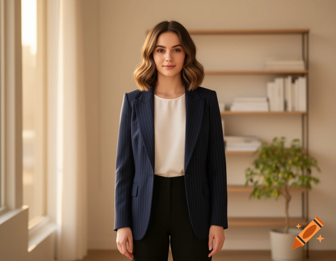 Photorealistic portrait of a young woman in a navy pinstripe blazer and white top, standing in a modern office.