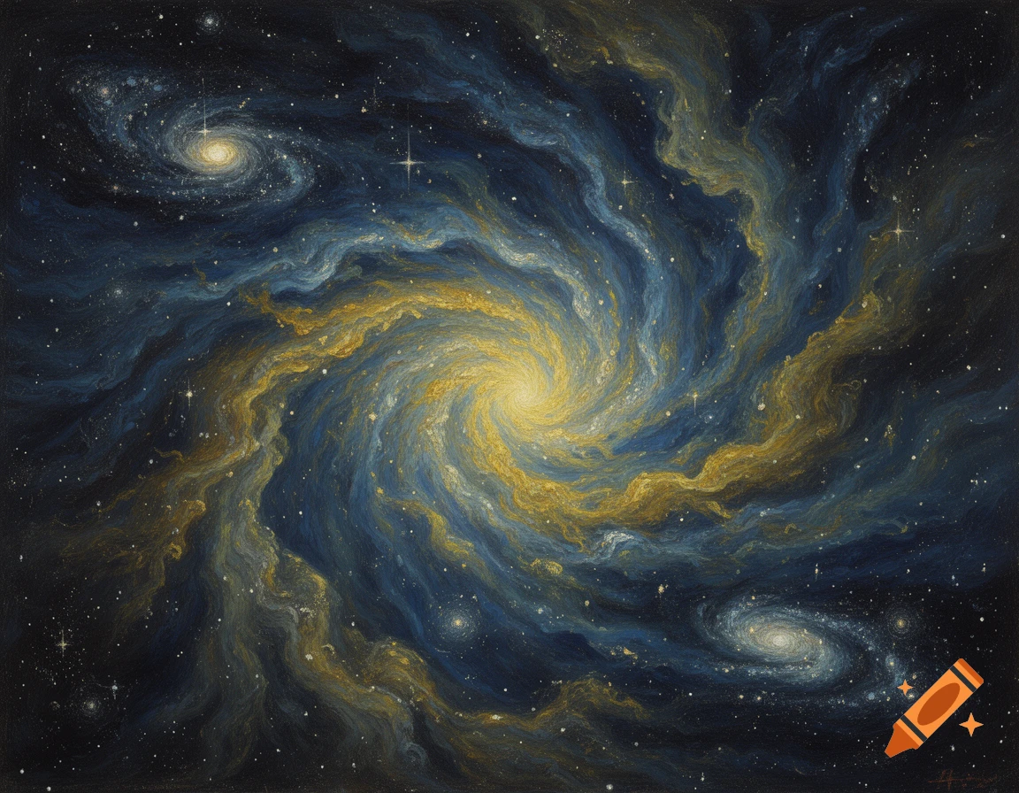 A vibrant oil painting of a swirling galaxy in deep space, with luminous yellow and blue nebulae and numerous stars.