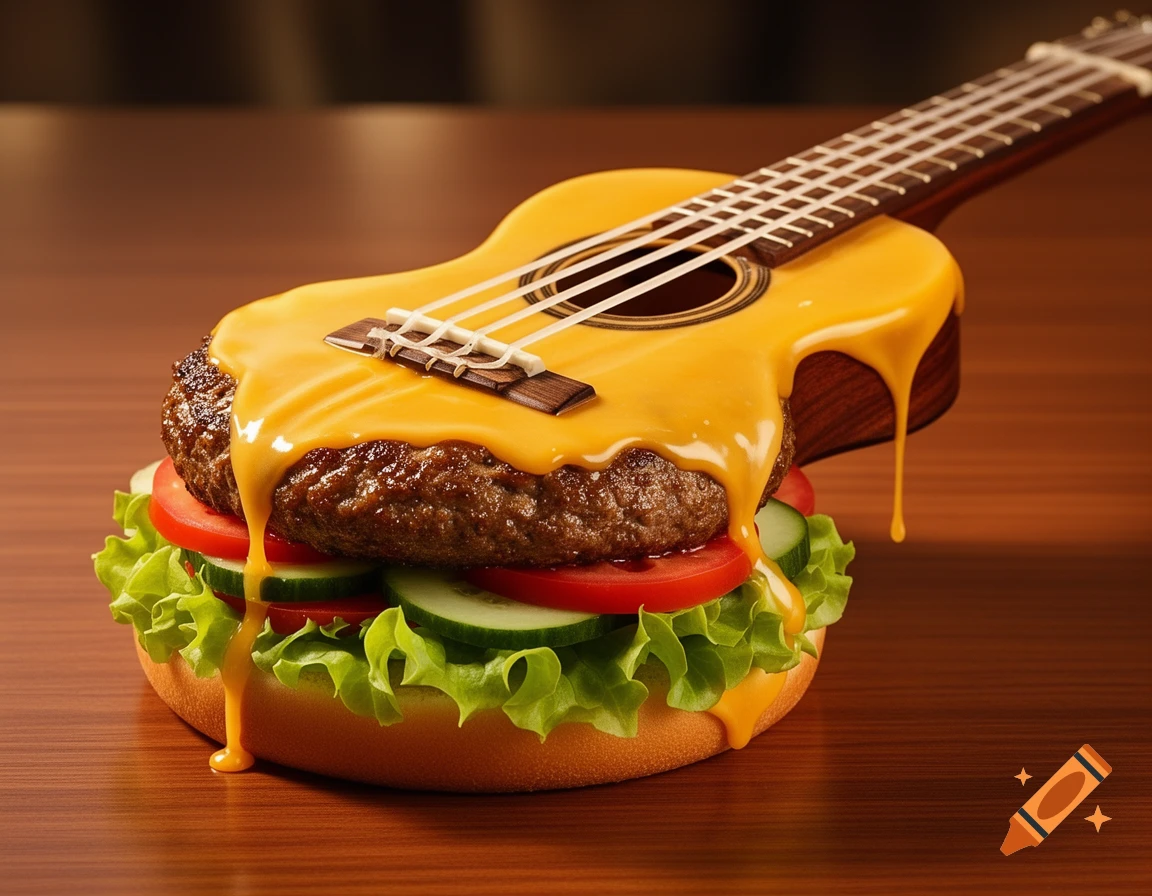 Photorealistic hamburger topped with a ukulele and dripping melted cheese, resting on a wooden table.