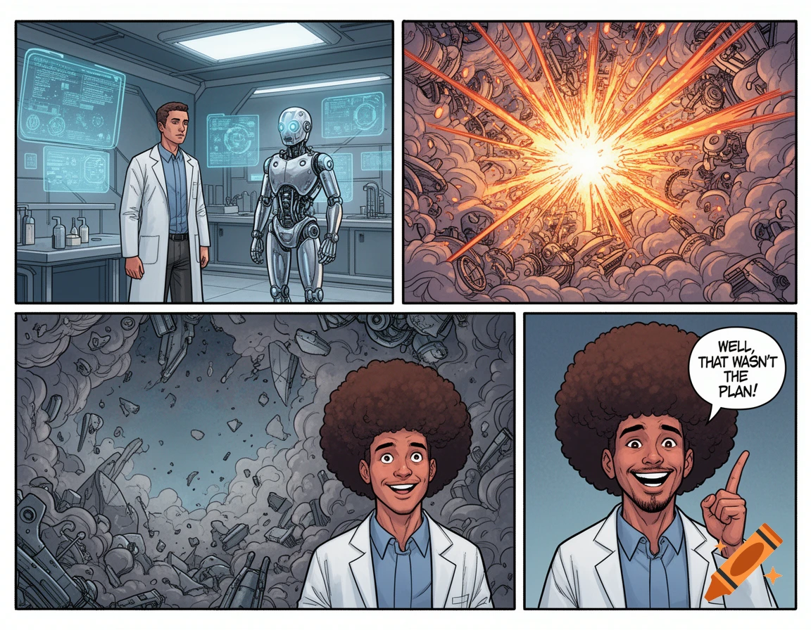 A four-panel comic strip. A man in a lab coat and a robot are in a lab. The robot explodes, followed by the man with an afro smiling amidst debris, saying, "Well, that wasn't the plan!"