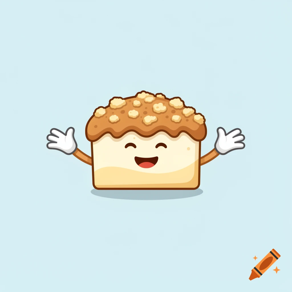 A smiling cartoon streusel cake with outstretched arms on a light blue background.