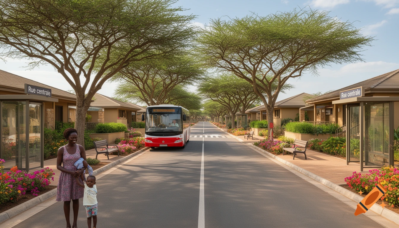 A mother and child stand by a bus stop on a tree-lined street with houses and a red and white bus.