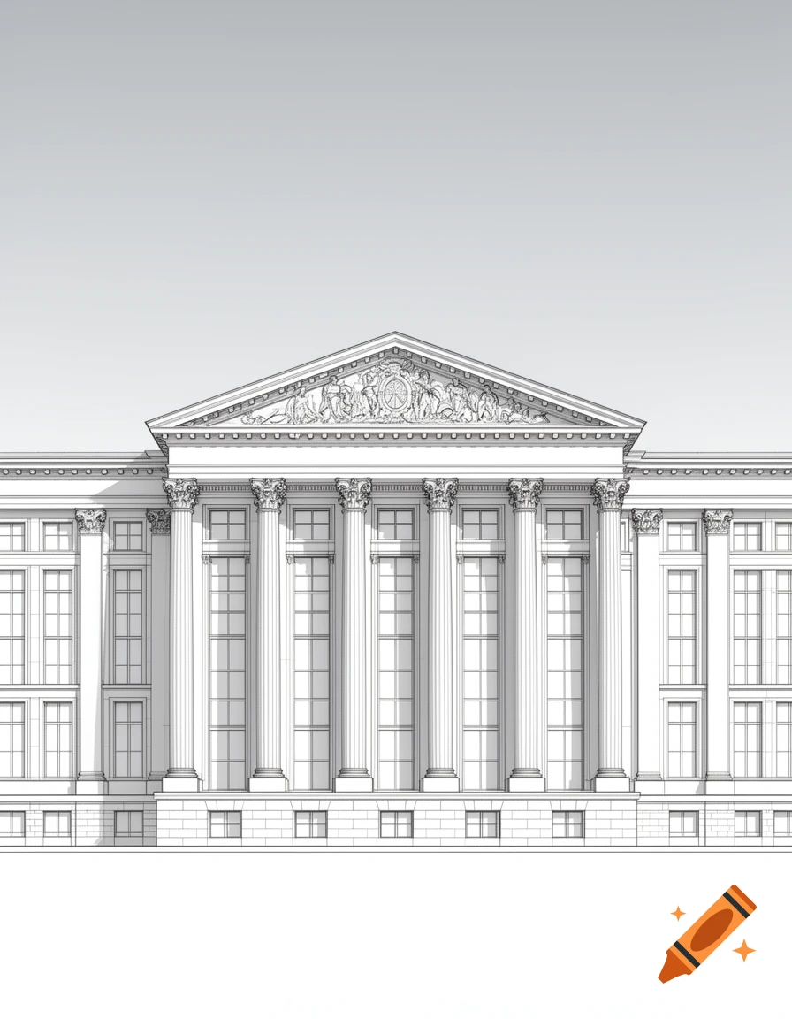A detailed architectural line drawing of a neoclassical building featuring a large pediment and prominent columns.