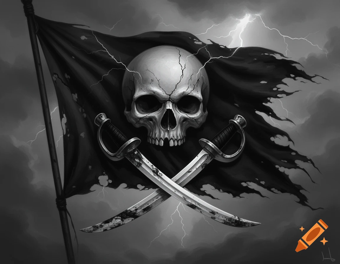 A black and white illustration of a tattered pirate flag with a cracked skull and crossed swords, under a stormy sky with lightning.