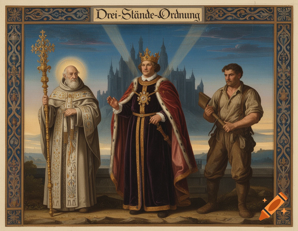 Historical painting of a cleric, a king, and a laborer, titled 'Drei-Stände-Ordnung', against a castle backdrop.