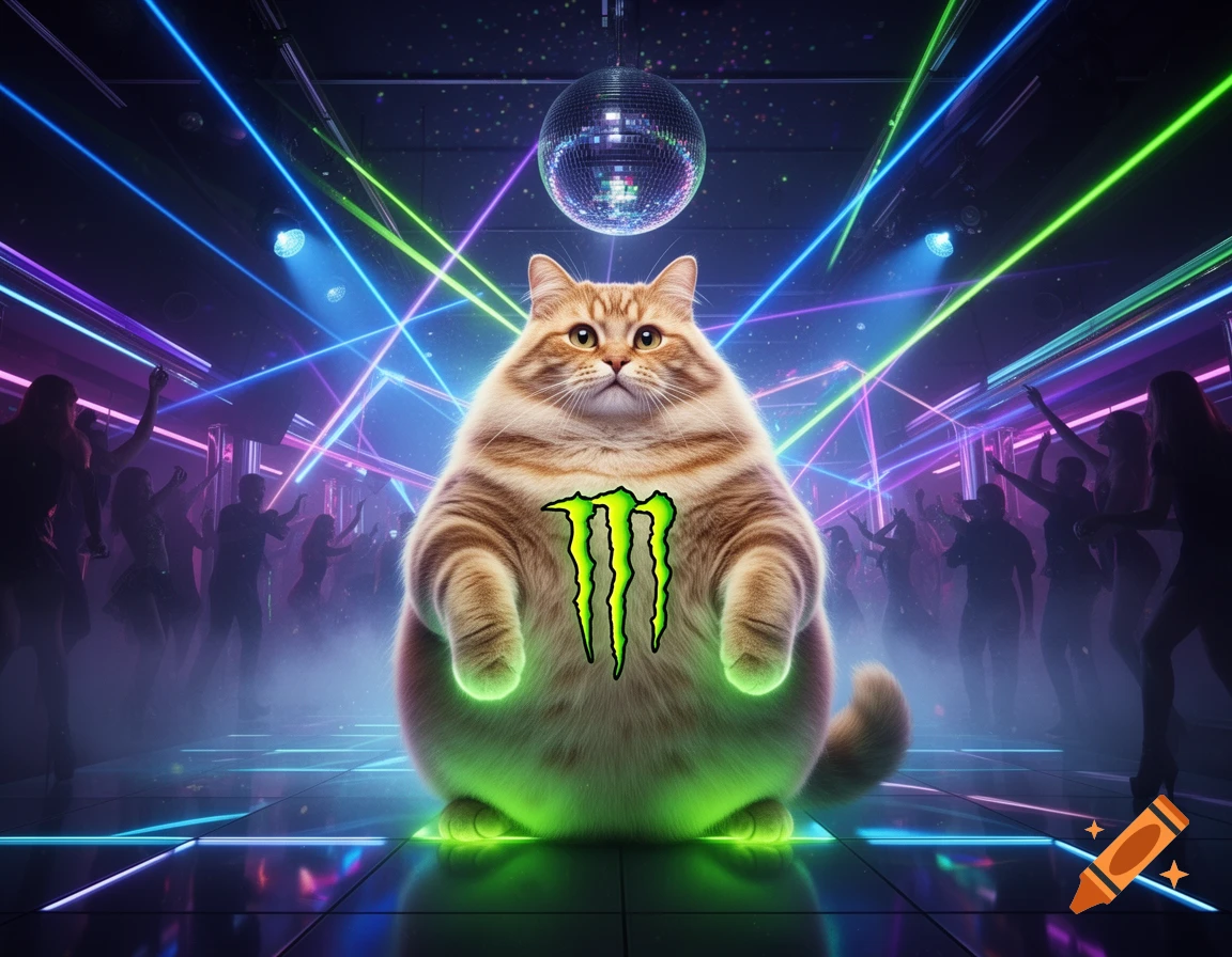 An obese orange tabby cat with a glowing Monster Energy logo on its chest on a vibrant dance floor with laser lights and silhouetted partygoers.