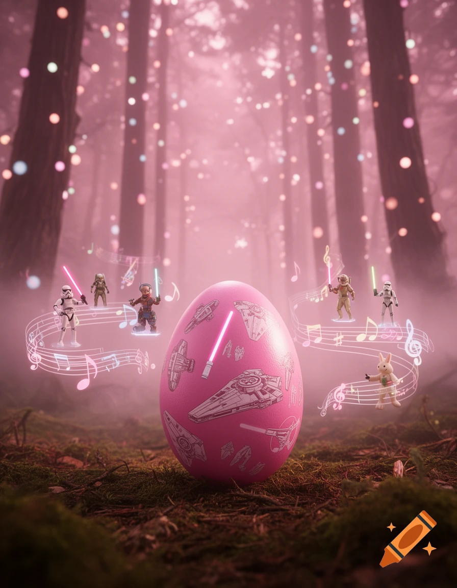 A pink Easter egg with Star Wars designs stands in a glowing pink forest, surrounded by Star Wars figures and a bunny with musical notes.