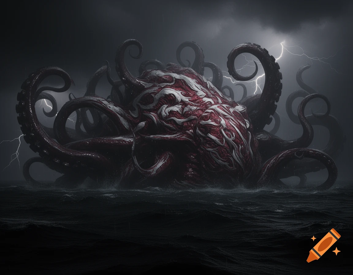 A massive, dark red and white tentacled monster with intricate patterns rises from a stormy, dark sea as lightning flashes in the sky.