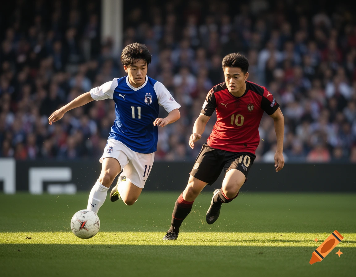 Two photorealistic soccer players, one in blue with number 11 and one in red with number 10, run with a ball on a green field in a stadium.