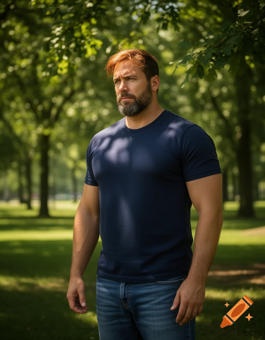 A man with a reddish-brown beard and hair, wearing a navy t-shirt and jeans, stands in a park with green trees.