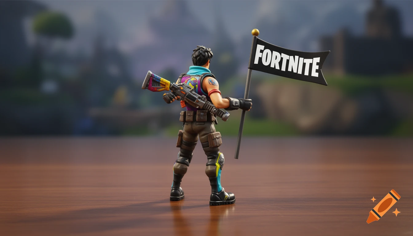 A Fortnite character figurine holding a colorful rifle and a black flag with 'FORTNITE' on it, on a wooden table.