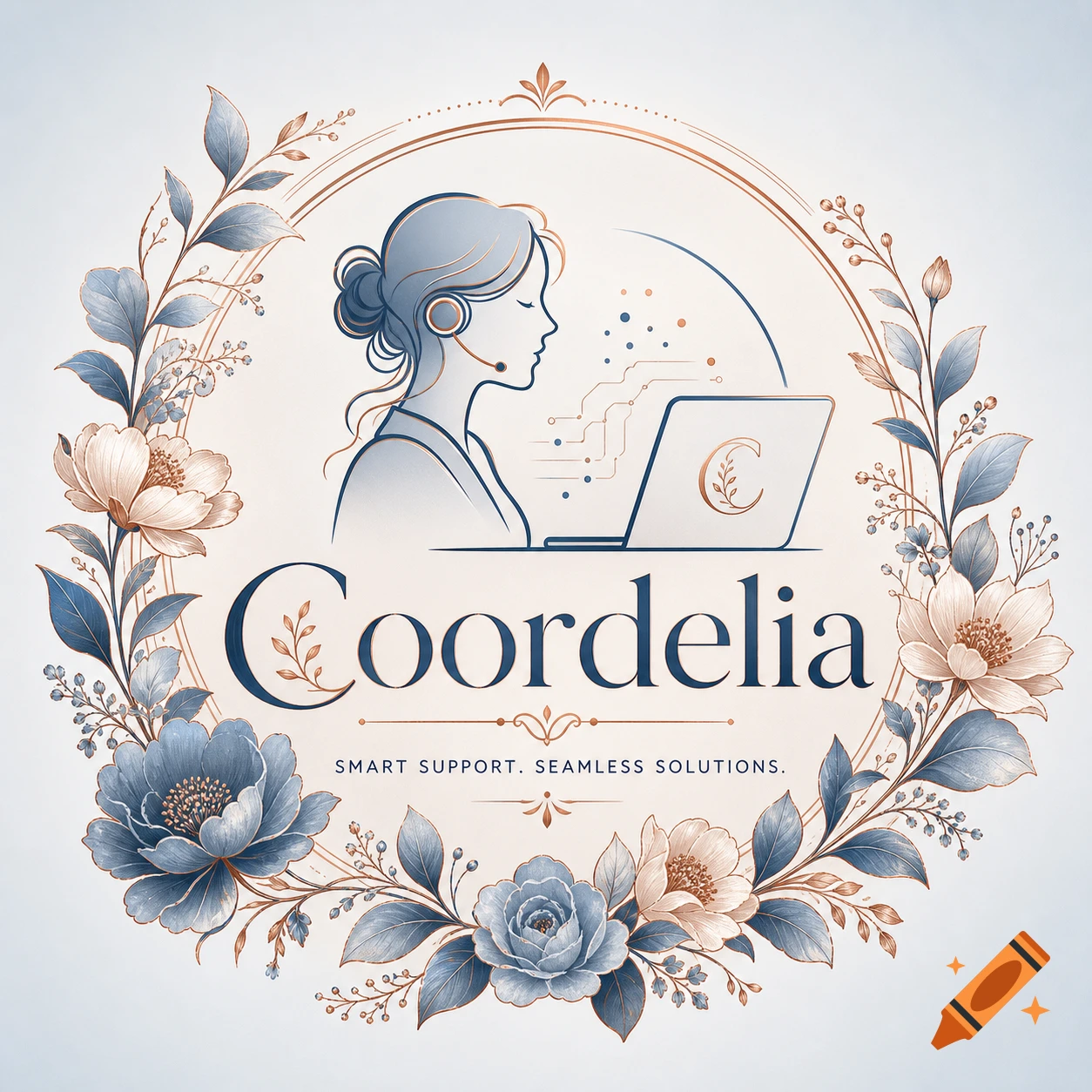 A logo with a woman in a headset looking at a laptop, framed by blue and copper flowers. Below are the words "Coordelia" and "Smart Support. Seamless Solutions."