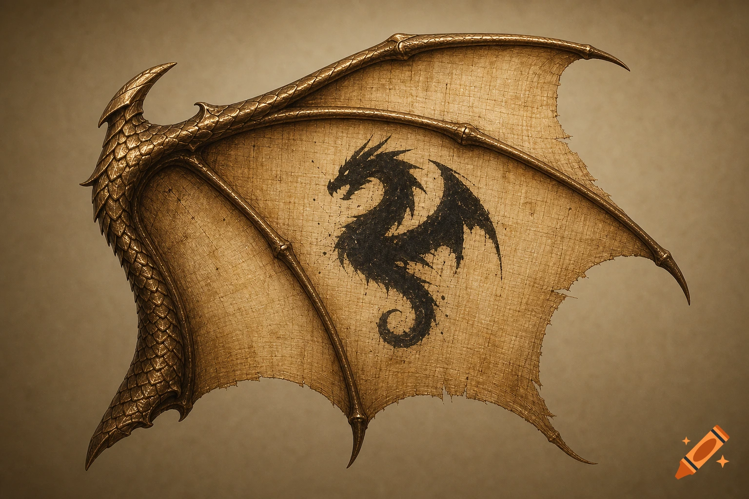 A detailed bronze dragon wing with a papyrus membrane, featuring a black ink dragon silhouette logo against a sepia background.