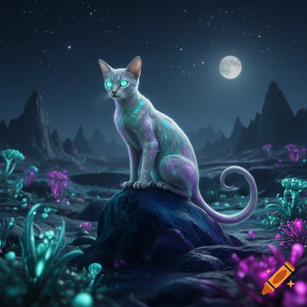 A glowing, iridescent cat with bright teal eyes sits on a rock in an ...