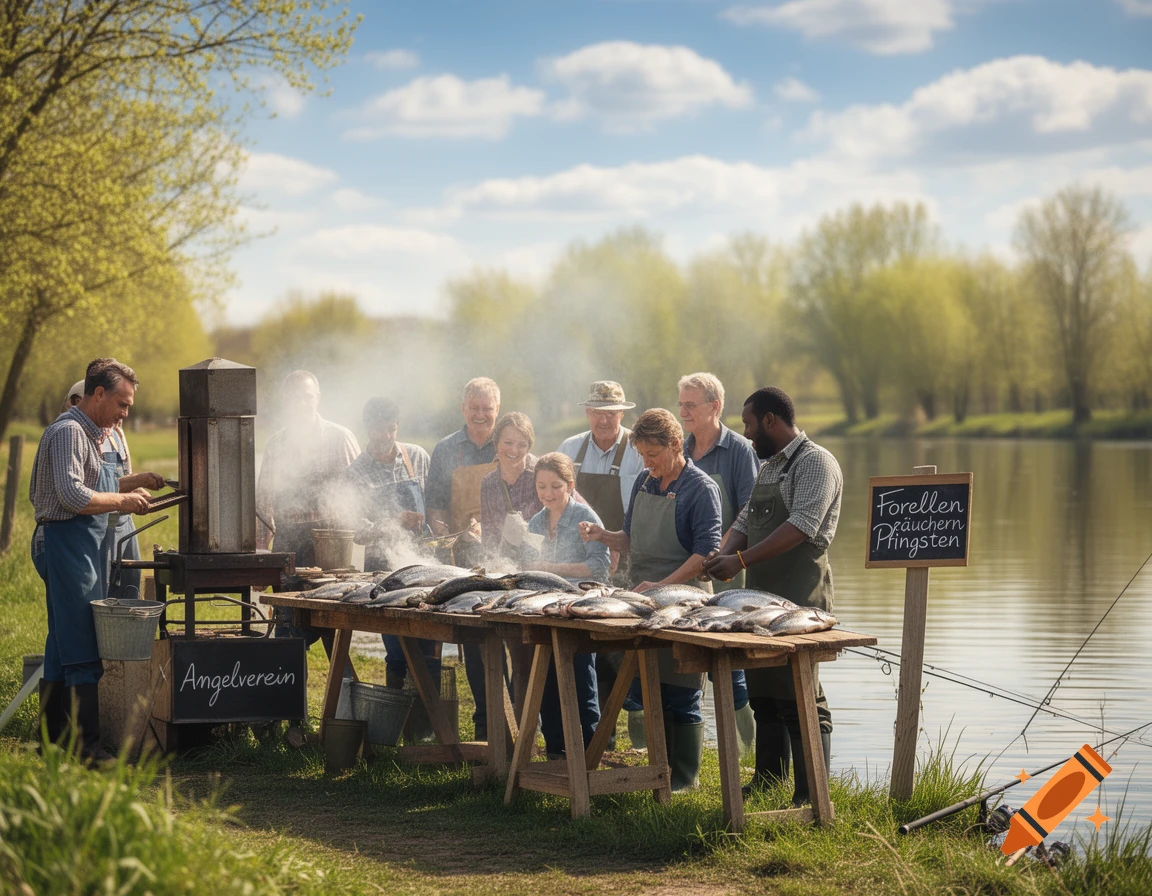 A group smokes fish outdoors by a tranquil lake. Signs read 'Forellen r äuchern Pfingsten' and 'Angelverein'.