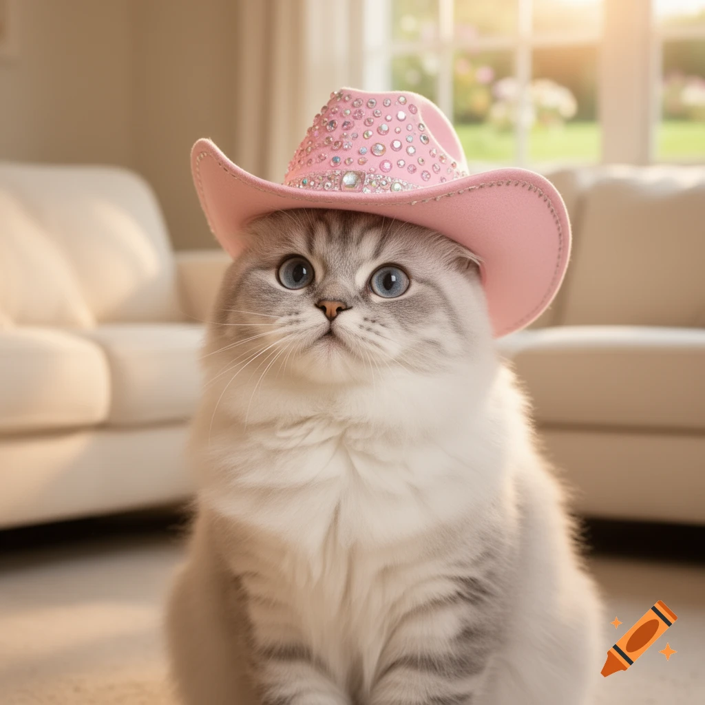 A fluffy grey and white cat with blue eyes wears a sparkling pink cowboy hat in a bright room.