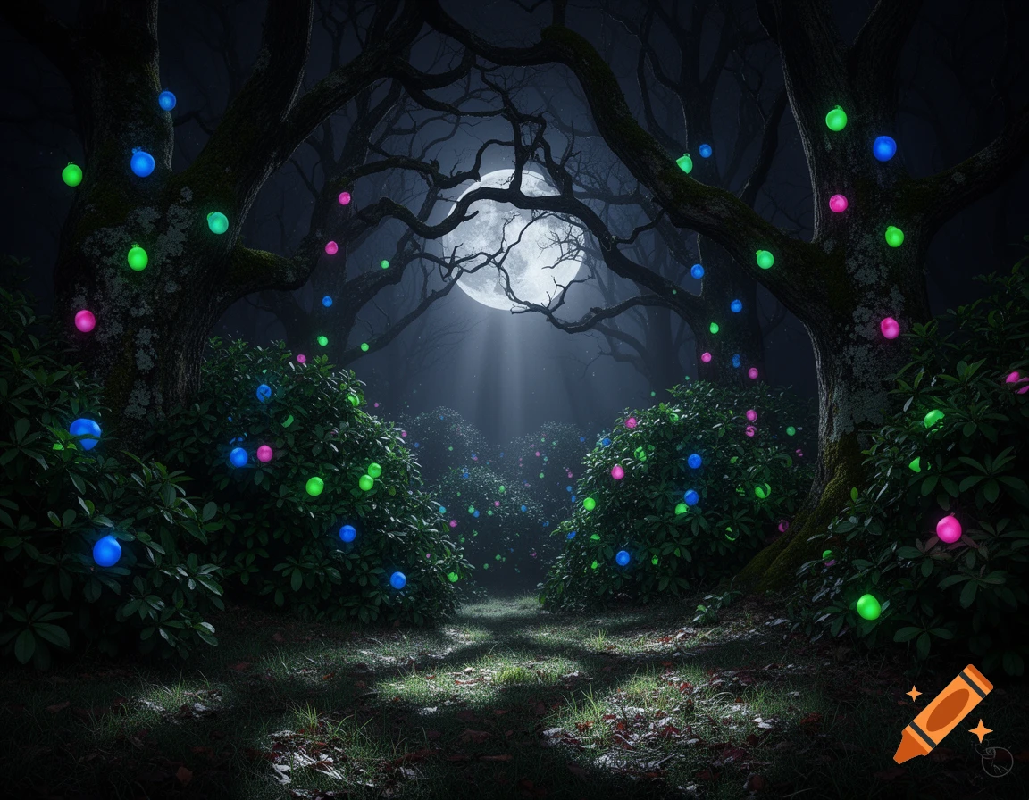 A dark forest at night with a full moon illuminating a path, and trees and bushes adorned with glowing blue, green, and pink orbs.