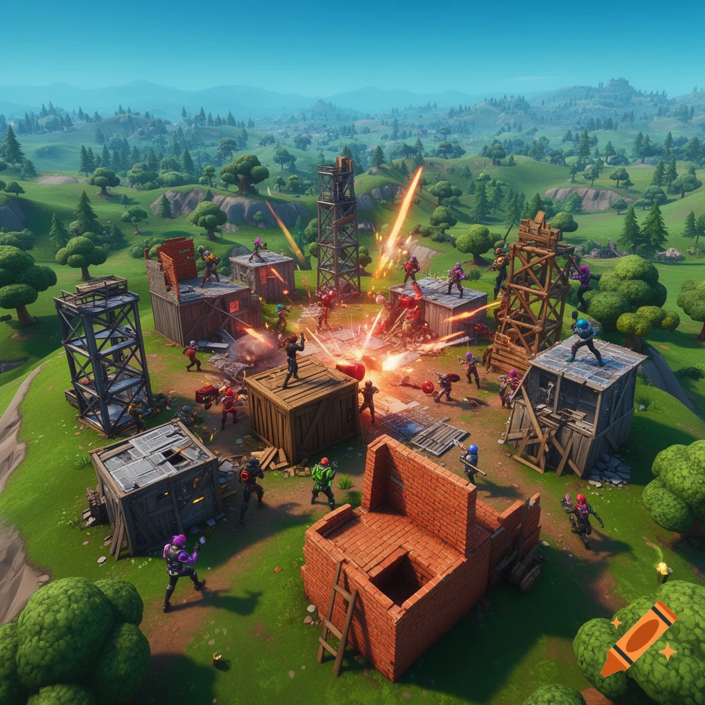 Stylized Fortnite battle scene with multiple characters shooting amidst wooden and brick structures on a green landscape.