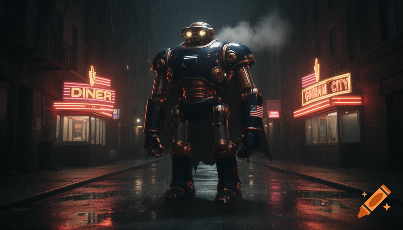 A giant retro-futuristic robot in navy blue and copper stands in a rainy city street at night, flanked by neon signs for a diner and Gotham City, in a film noir style.