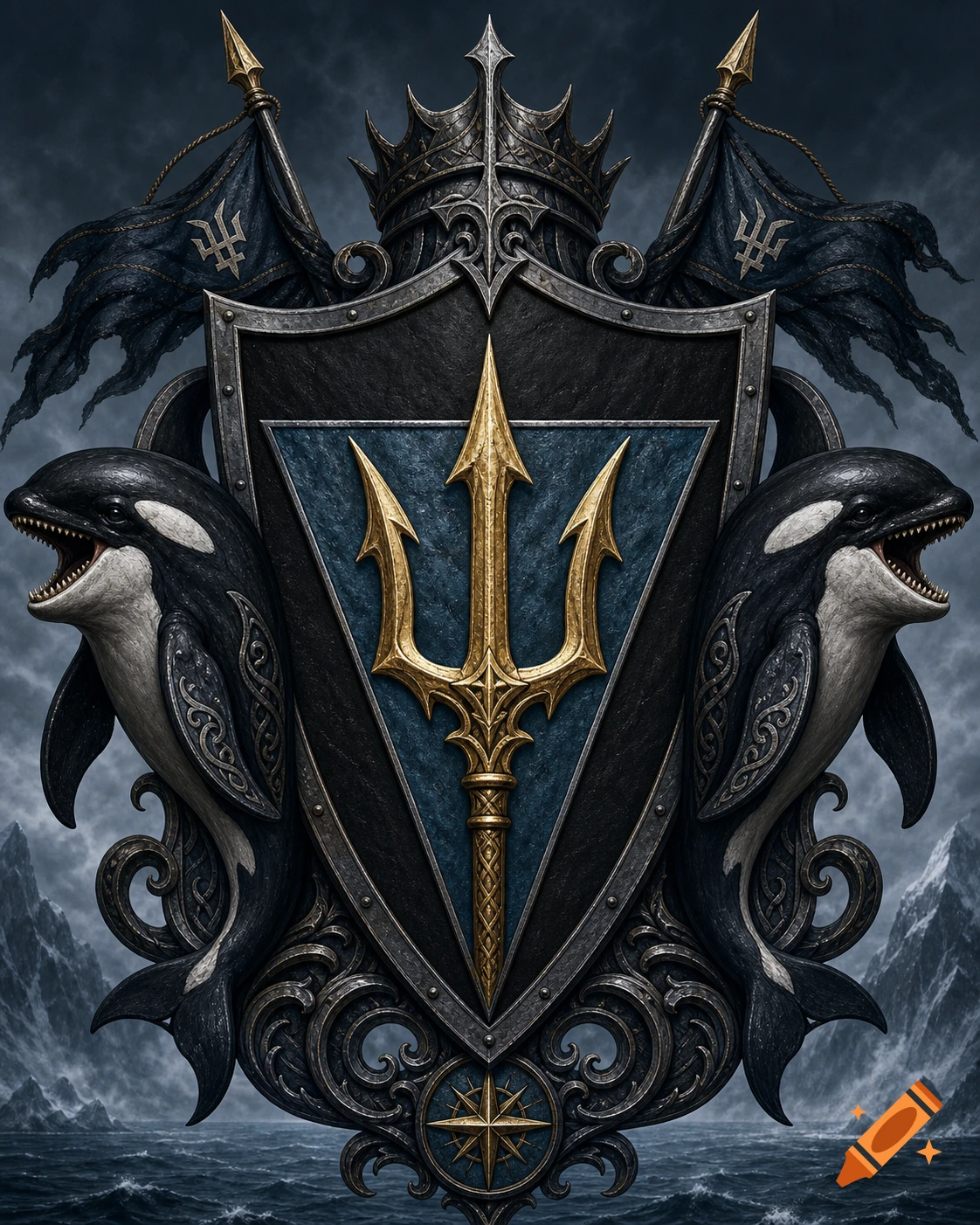 Ornate dark heraldic coat of arms with a golden trident, crown, two snarling orcas, and tattered flags against a stormy sea.