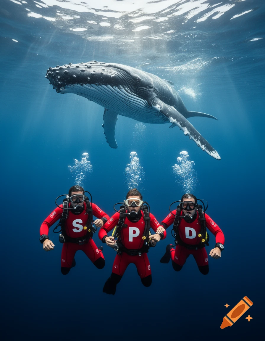 Three divers in red wetsuits, marked S, P, and D, swim underwater beneath a large humpback whale. Sunlight filters through the surface.