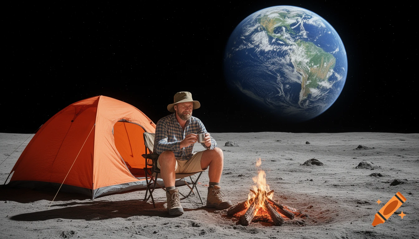 A man camps on the moon with an orange tent and a campfire, gazing at Earth in the starry sky.