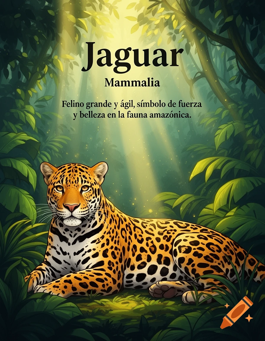 Illustrated poster of a jaguar resting in a lush, sunlit jungle, with its name, class, and a short description in Spanish.