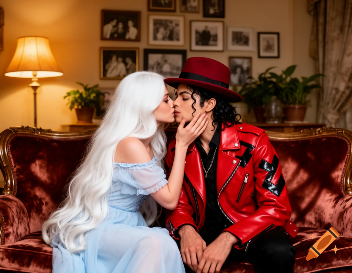 A woman with long white hair kisses a man resembling Michael Jackson in a red leather jacket on a velvet couch.