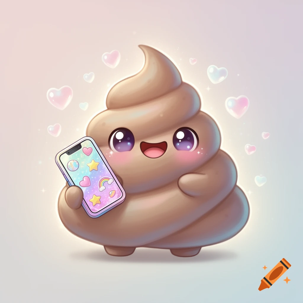A cute, smiling kawaii poop character holds a colorful phone, surrounded by sparkly hearts.