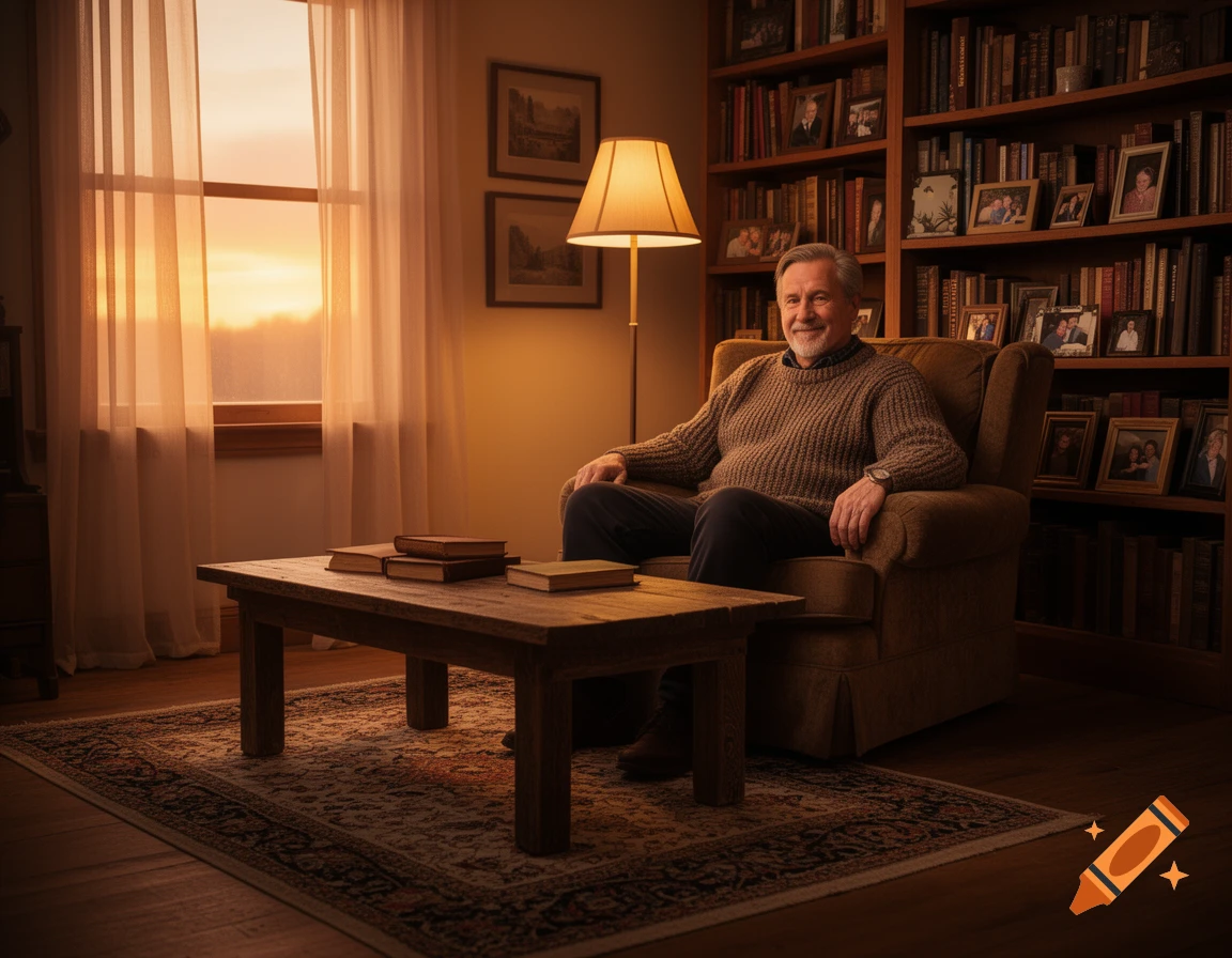 A smiling older man sits in an armchair in a cozy, warm living room with a bookshelf and a window with a sunset view. Photorealistic.