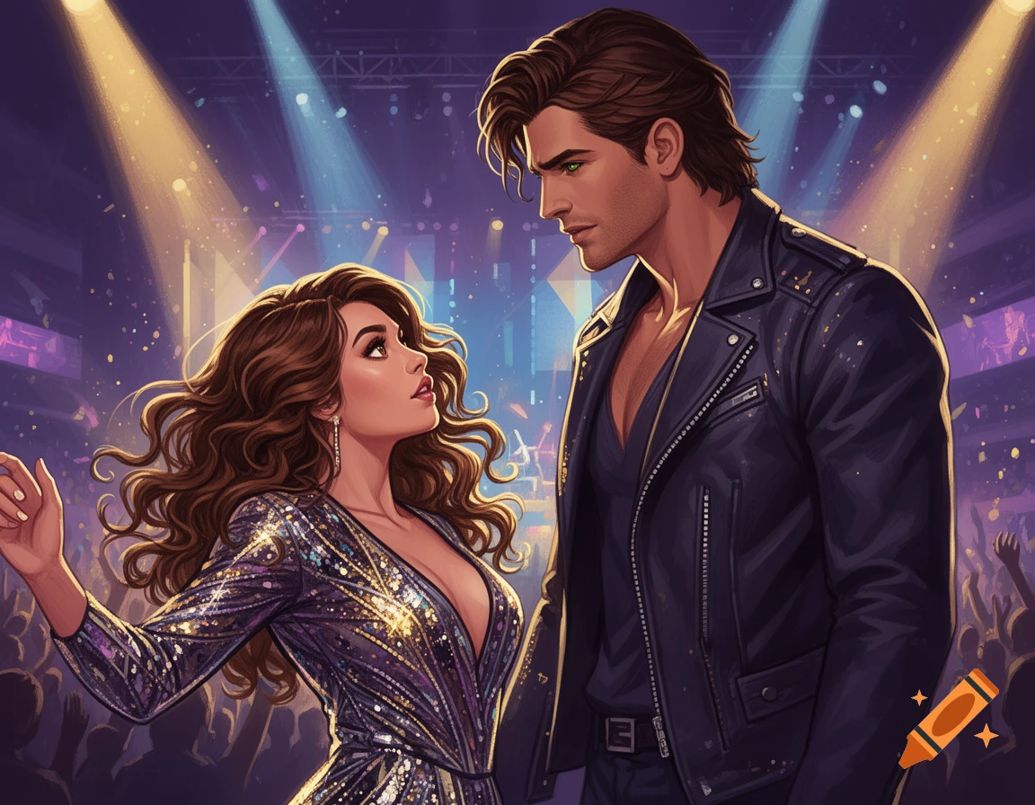 An illustrated man and woman on a concert stage, looking at each other intensely with spotlights and a crowd in the background.