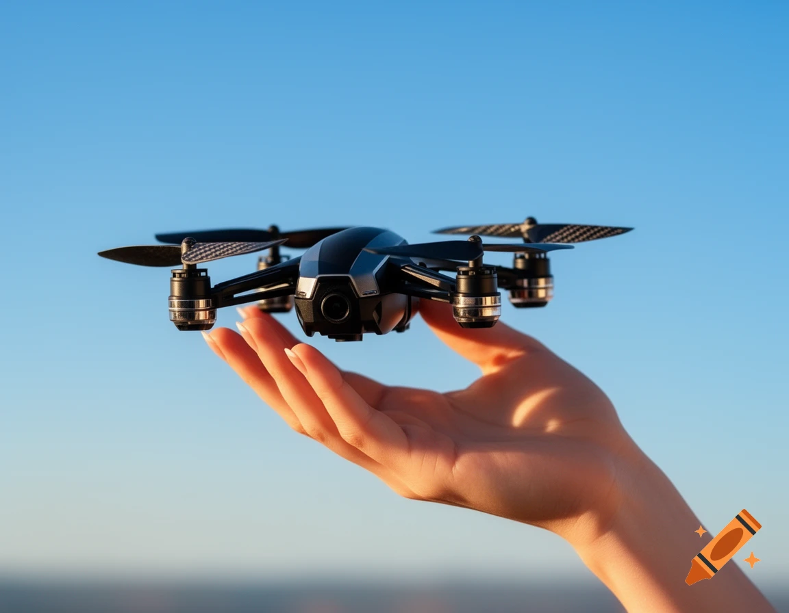 A person's hand holds a black drone with four propellers against a clear blue sky in a photorealistic style.