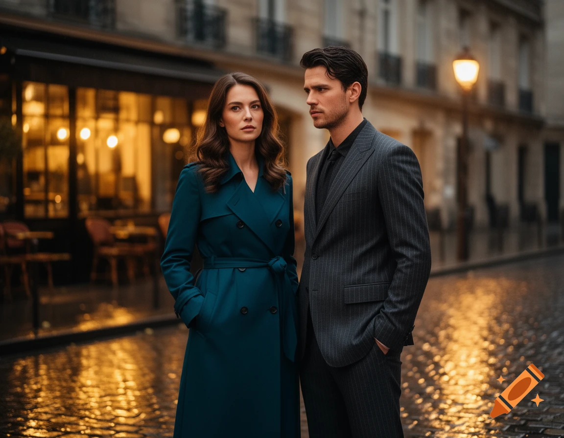 A man in a pinstripe suit and a woman in a teal trench coat stand on a ...