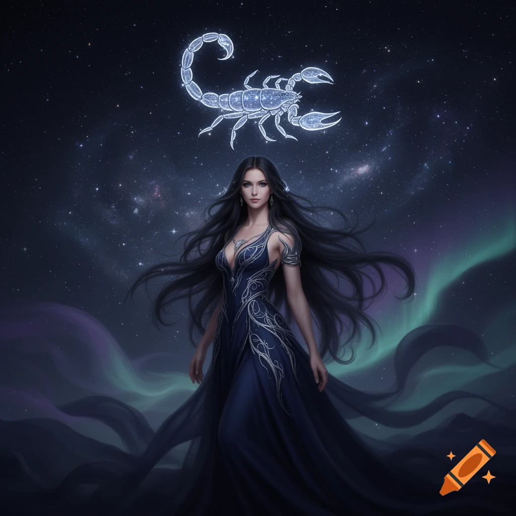A woman with long dark hair in a flowing blue dress with silver accents stands under a starry night sky with an aurora and a glowing scorpion constellation.