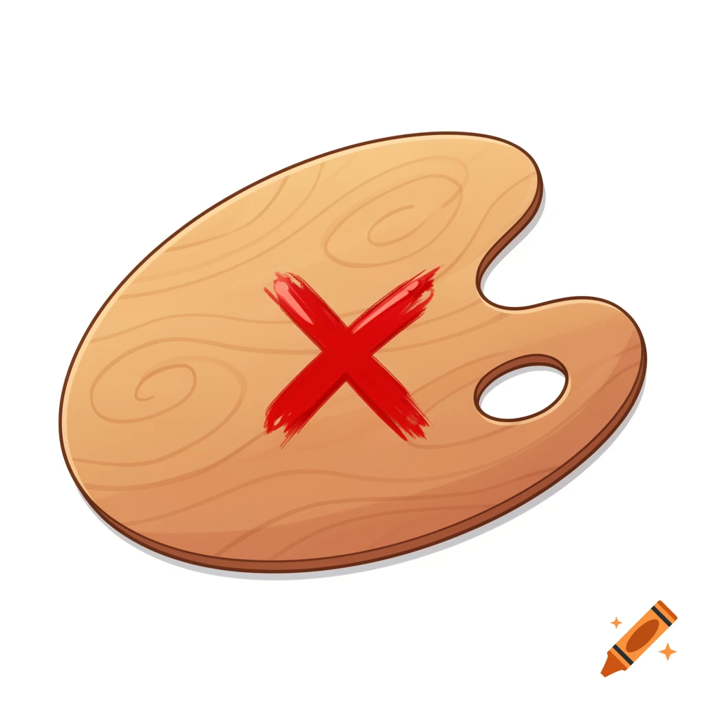 A cartoon wooden paint palette with a large red X painted on its surface.