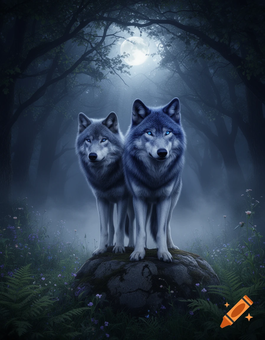 Two mystical wolves with glowing blue eyes stand on a mossy rock in a dark, misty forest under a bright full moon.