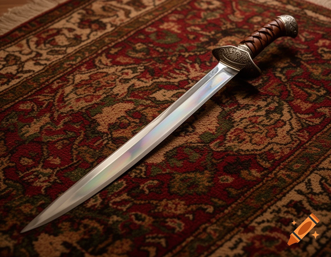 A detailed sword with a decorative hilt and shimmering blade lies on a patterned red and gold rug.