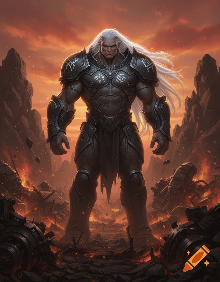 A powerful, grey-skinned warrior with long white hair and dark armor stands in a fiery, destroyed landscape under an orange sky.