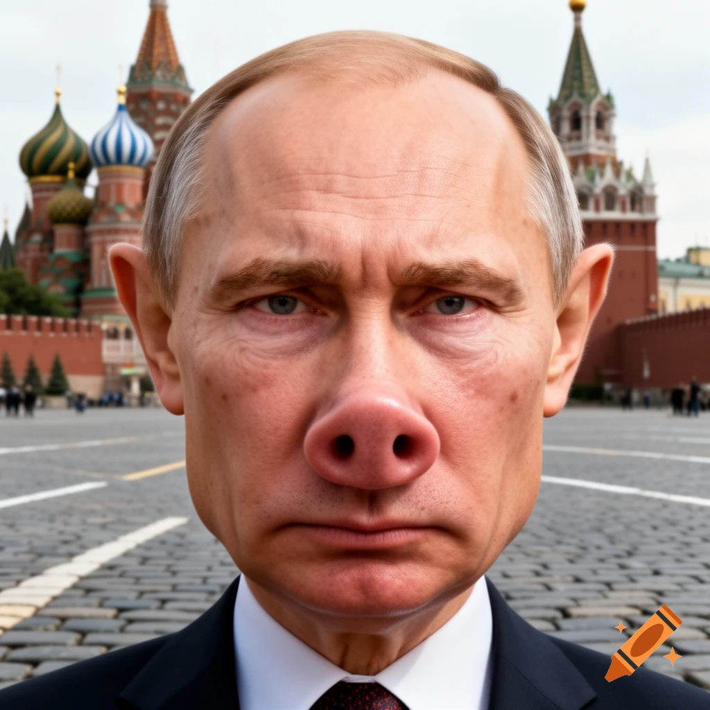 Photorealistic portrait of Vladimir Putin with a pig nose, standing in Red Square with the Kremlin in the background.