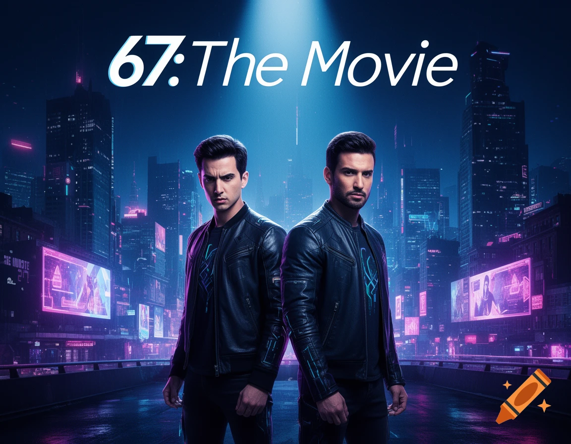 Two men in leather jackets stand back-to-back in a neon-lit futuristic city with skyscrapers, with the title '67:The Movie' above them.