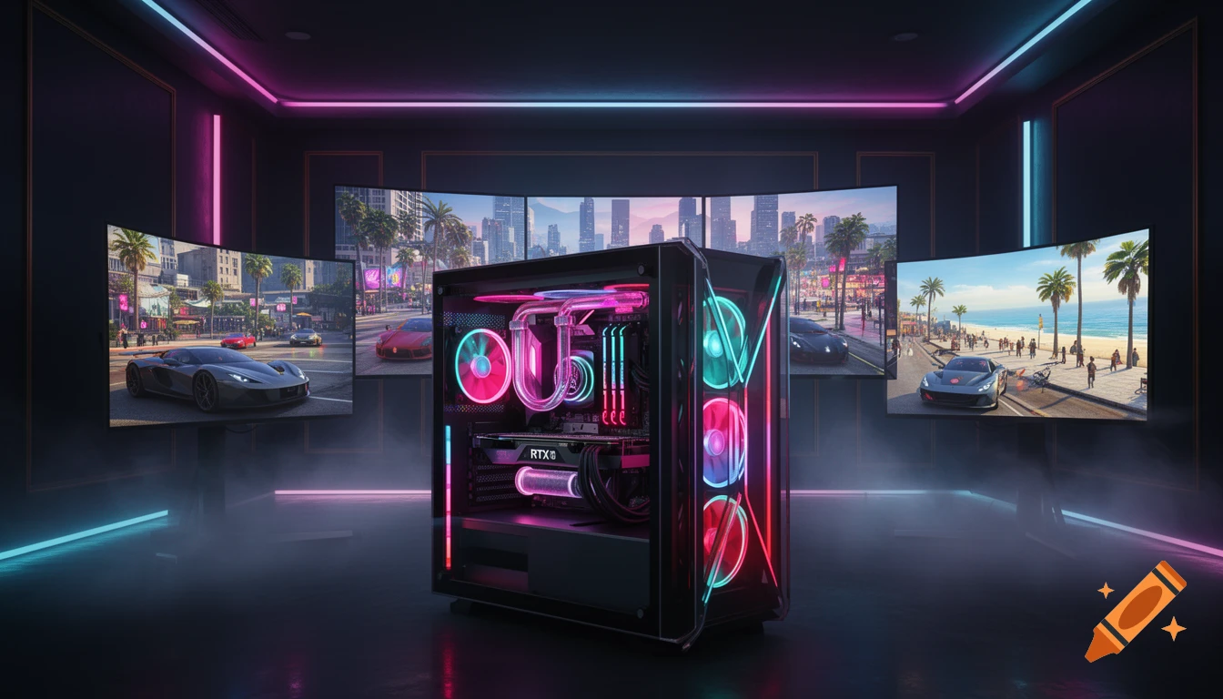A futuristic gaming PC with vibrant pink, turquoise, and red neon RGB lighting, water cooling, and a transparent case, in a dark room surrounded by multiple monitors displaying open-world city and beach scenes.