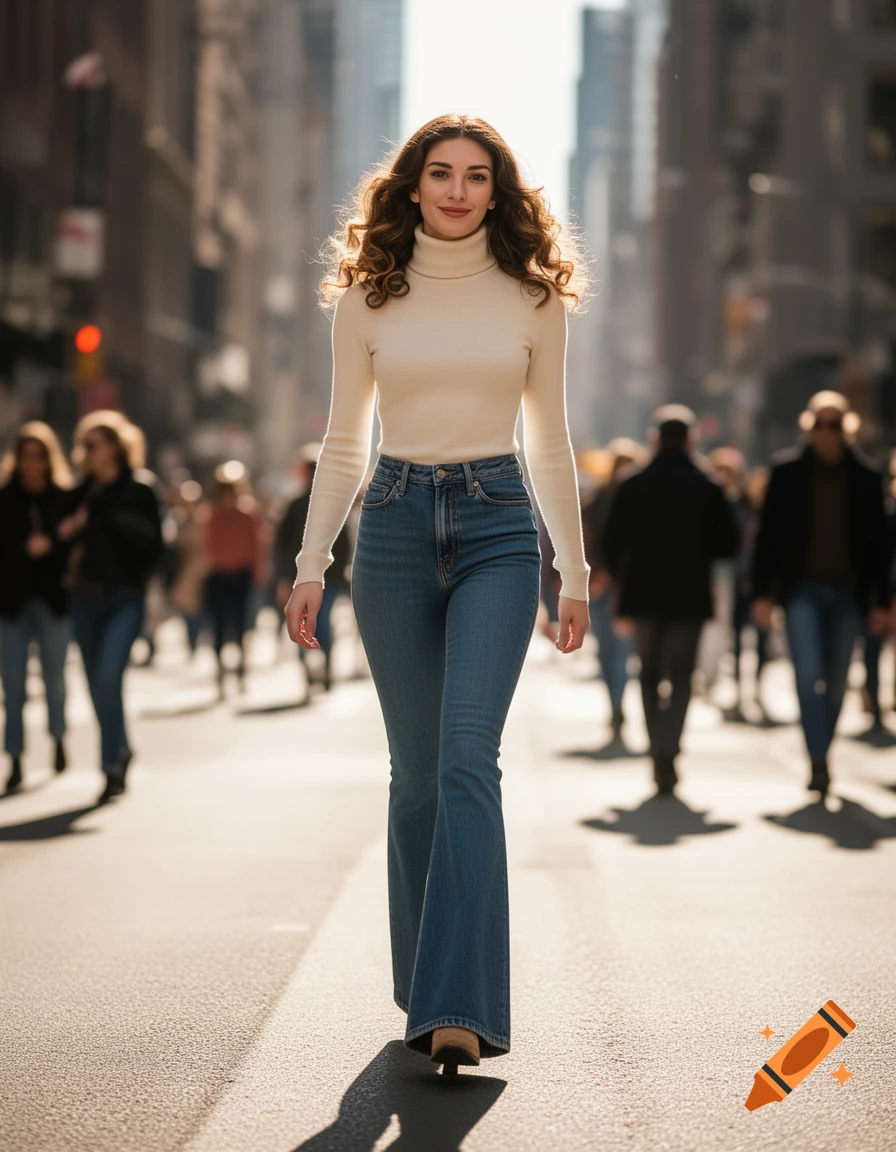 A woman in a cream turtleneck and flare jeans walks confidently down a city street, with blurred pedestrians in the background.