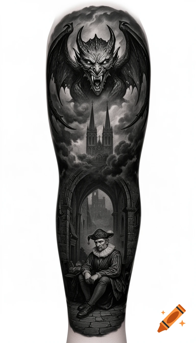 Black and grey full sleeve tattoo design featuring a fierce horned demon, gothic church towers, and a melancholic jester.