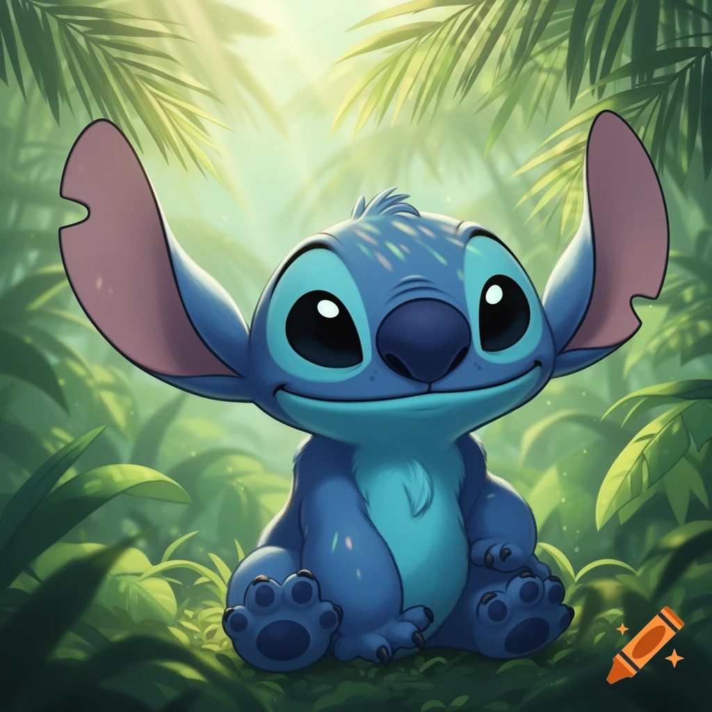 A cute blue cartoon alien character, Stitch, with large ears and big eyes, sits smiling in a vibrant green jungle.
