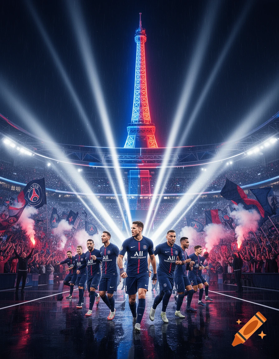 Paris Saint-Germain football team on a wet stadium pitch at night, with a red and blue Eiffel Tower, spotlights, and cheering fans.